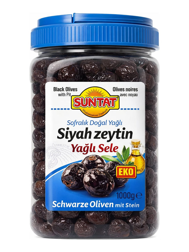 Suntat Schwarze Oliven mit Stein 1000g – Sofralık Doğal Yağlı Siyah Zeytin türkische Tafeleloliven