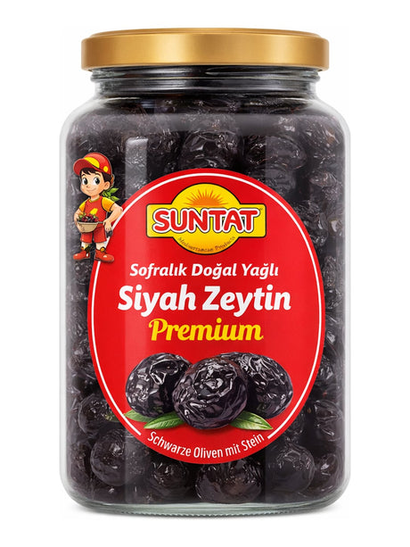 SUNTAT Schwarze Oliven Premium 900g – Sofralık Doğal Siyah Zeytin mit Stein