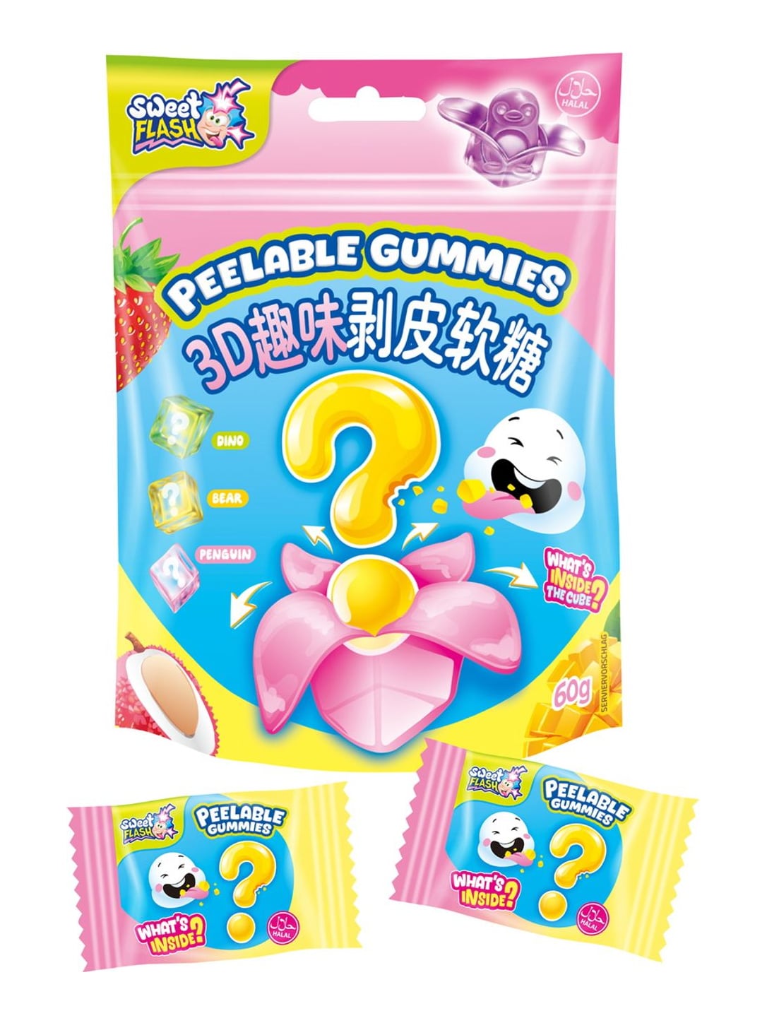 Sweet Flash Peelable Gummies Mystery 12x60g – schälbares Fruchtgummi Erdbeere Lychee Mango