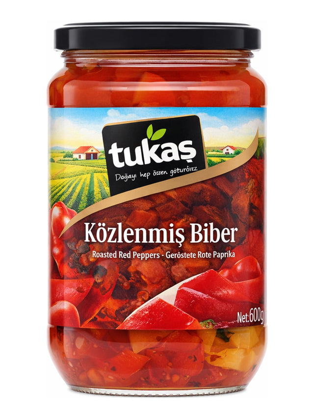 Tukaş Közlenmiş Biber 680g – geröstete rote Paprika in Knoblauch-Essig-Lake