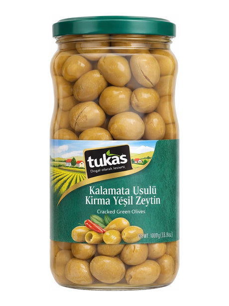 Tukaş Kalamata Usulü Kırma Yeşil Zeytin 1700g – gebrochene grüne Oliven mit Zitrone und Chili