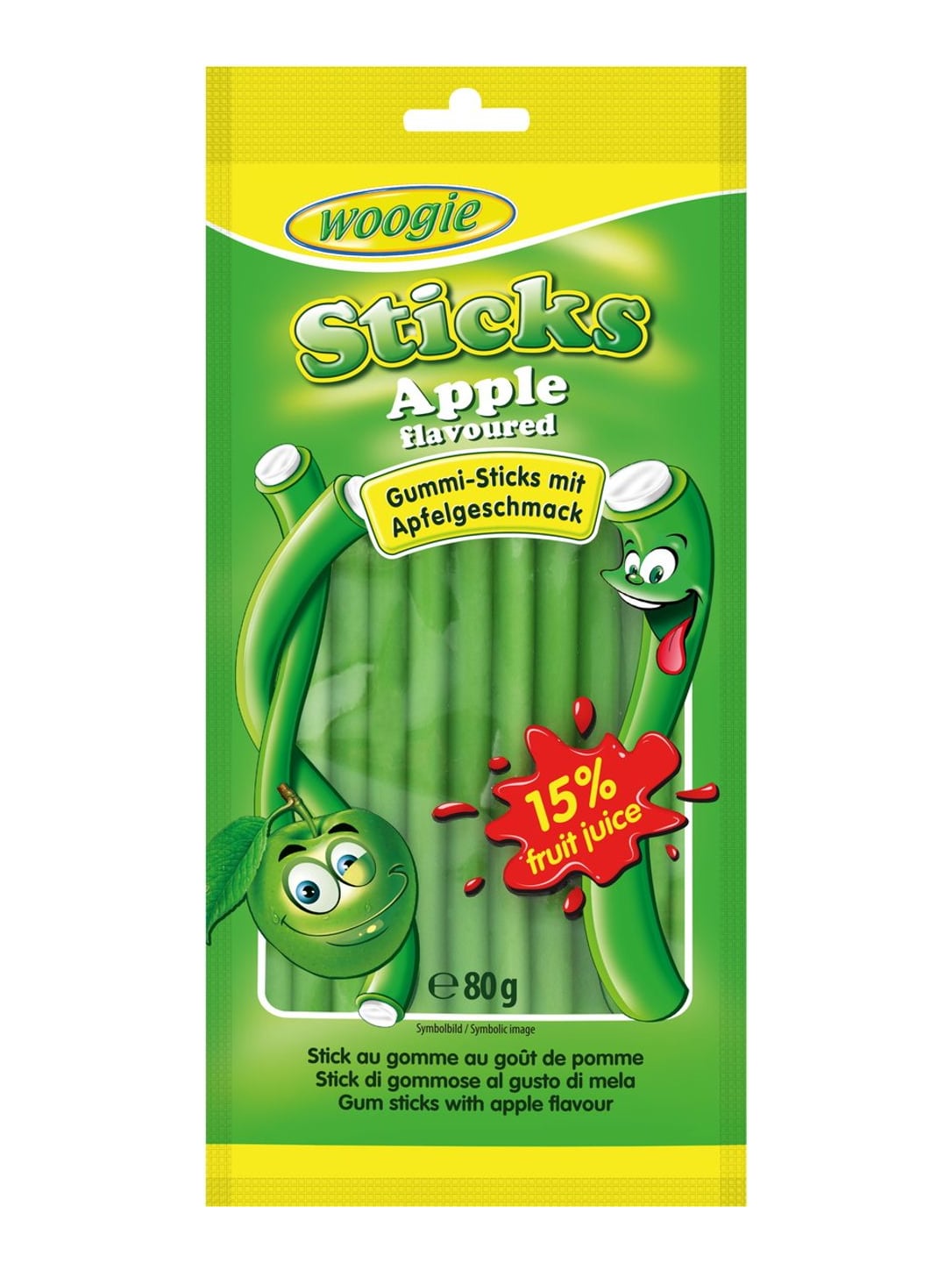 Woogie Apple Sticks mit Füllung 80g – Fruchtgummi mit Apfelfüllung