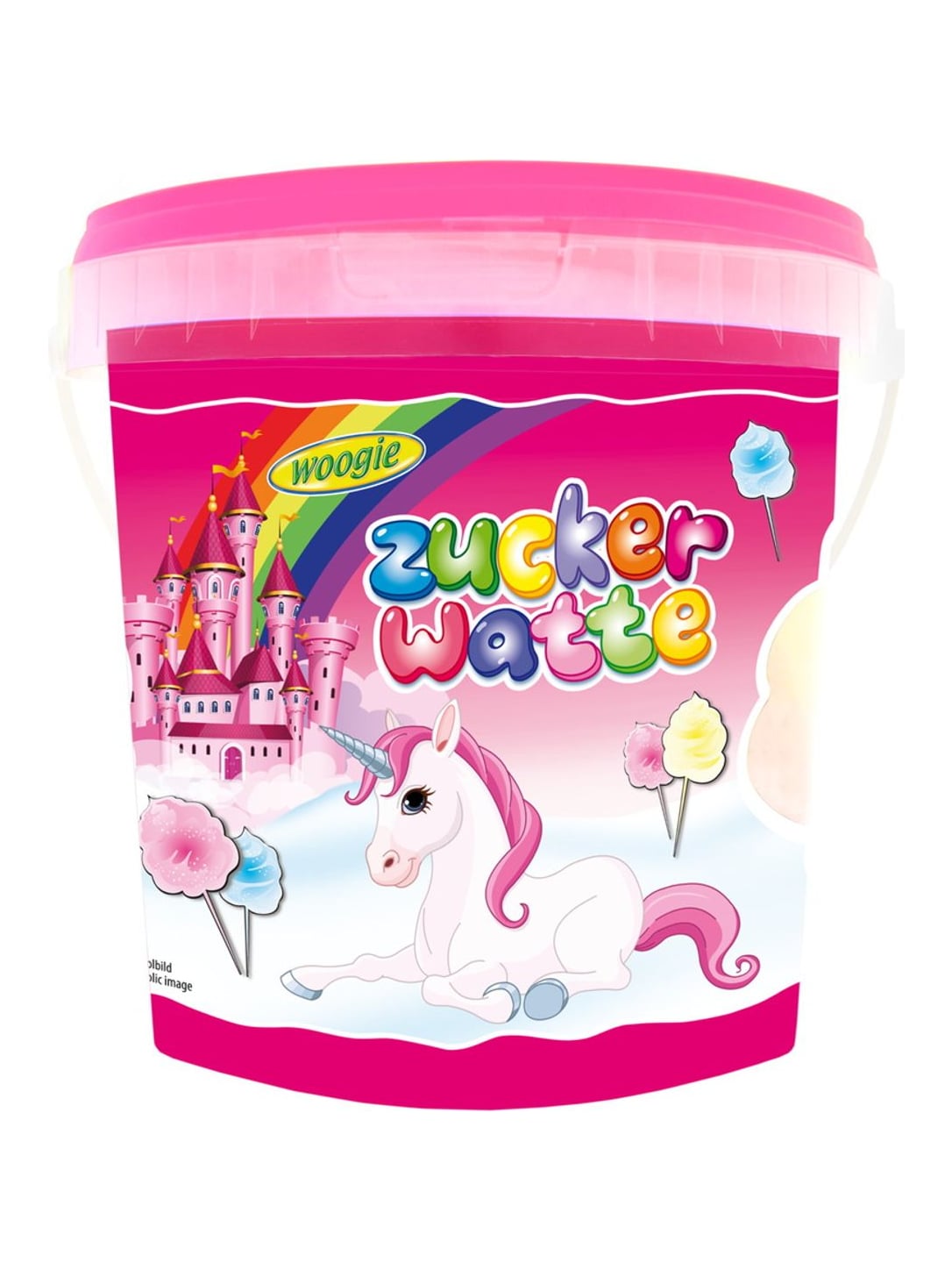 Woogie Einhorn Zuckerwatte 50g – bunte Zuckerwatte im Eimer