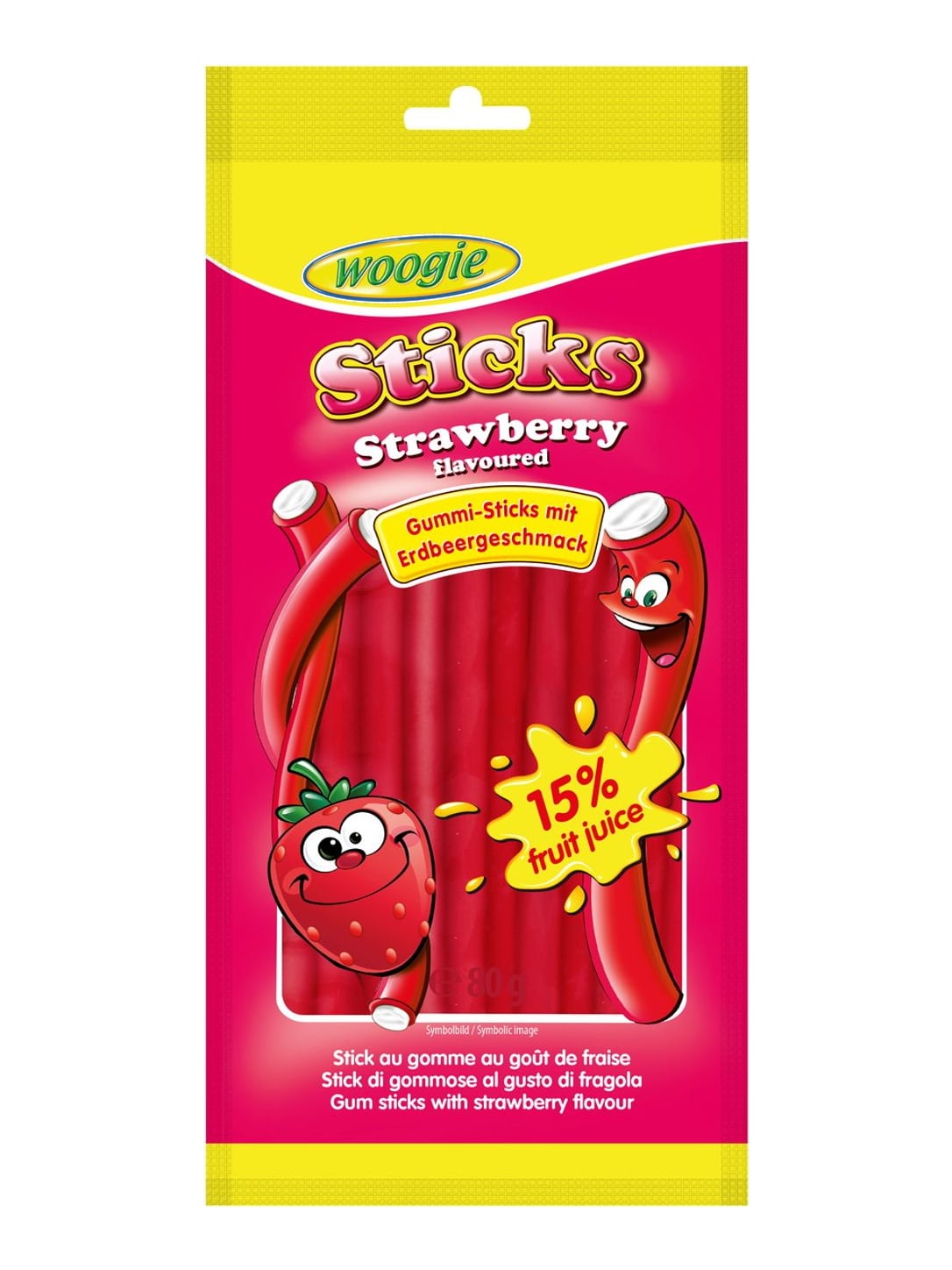 Woogie Erdbeer Sticks mit Füllung 80g – Strawberry Sticks Fruchtgummi