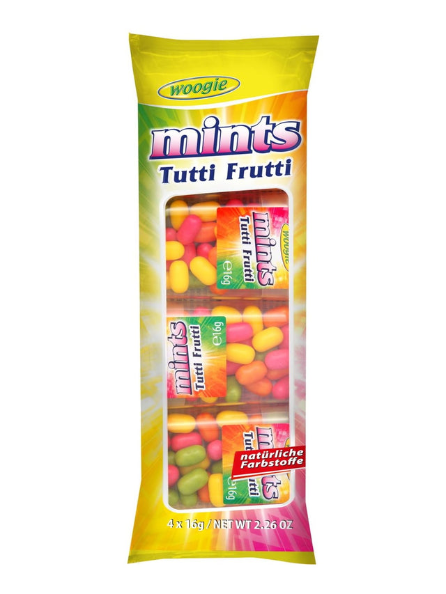 Woogie Tutti Frutti 4x16g – Fruchtdragees Zuckerdragees mit Fruchtgeschmack