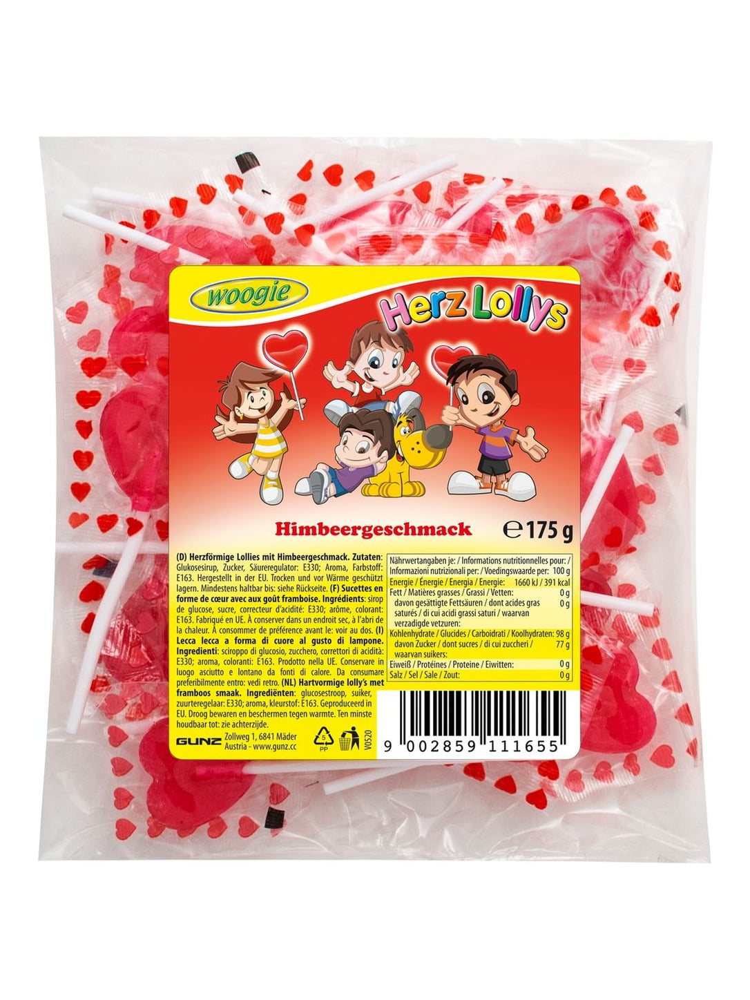 Woogie Herzlolly's Himbeergeschmack 175g – Himbeer Lollipops Herzform