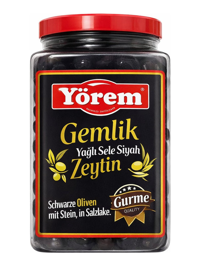 Yörem Gemlik Yağlı Sele Siyah Zeytin 1600g – Schwarze Oliven mit Stein in Salzlake