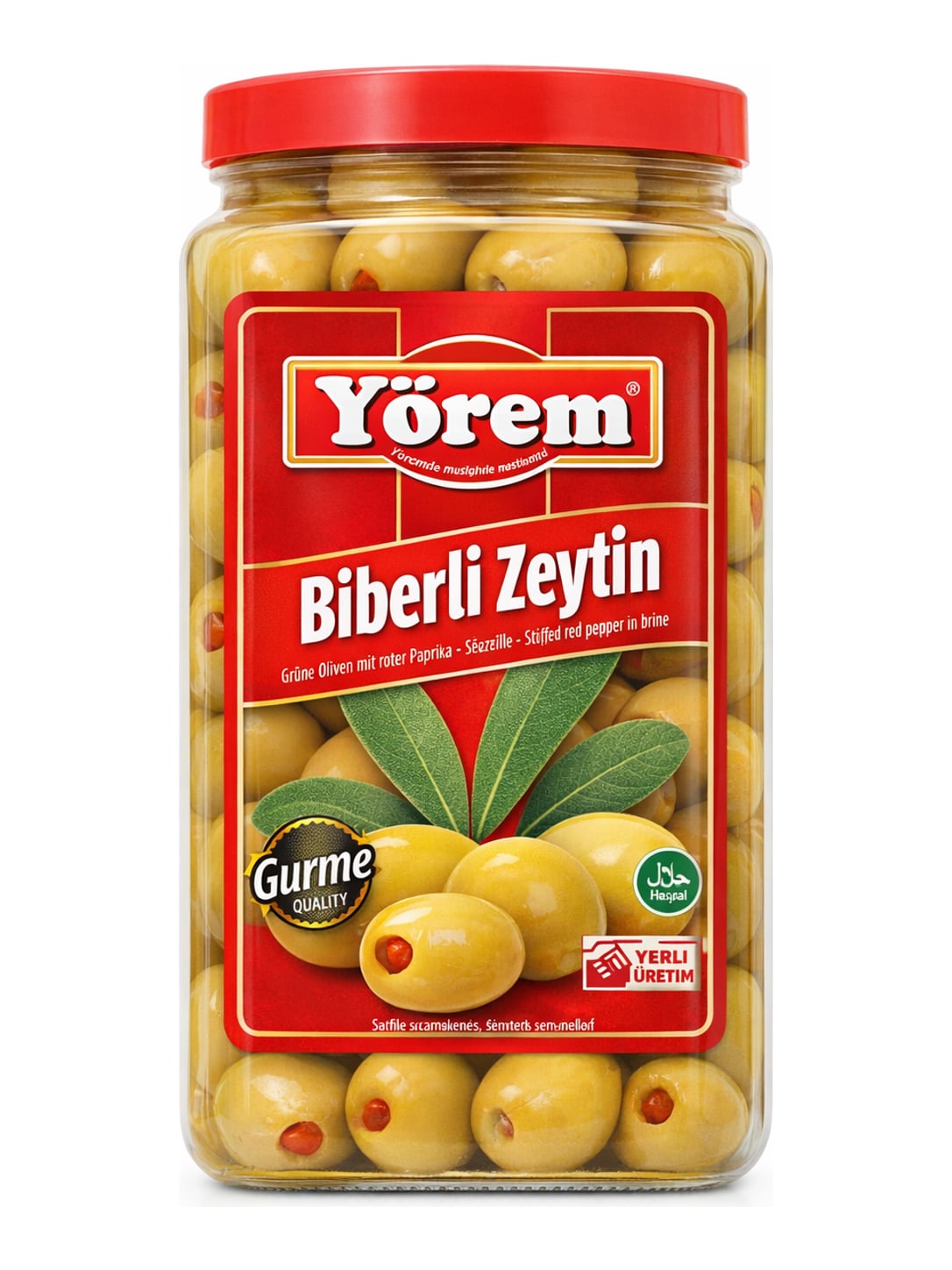 Yörem Biberli Zeytin 1600g – Grüne Oliven gefüllt mit roter Paprika, eingelegte Oliven türkisch