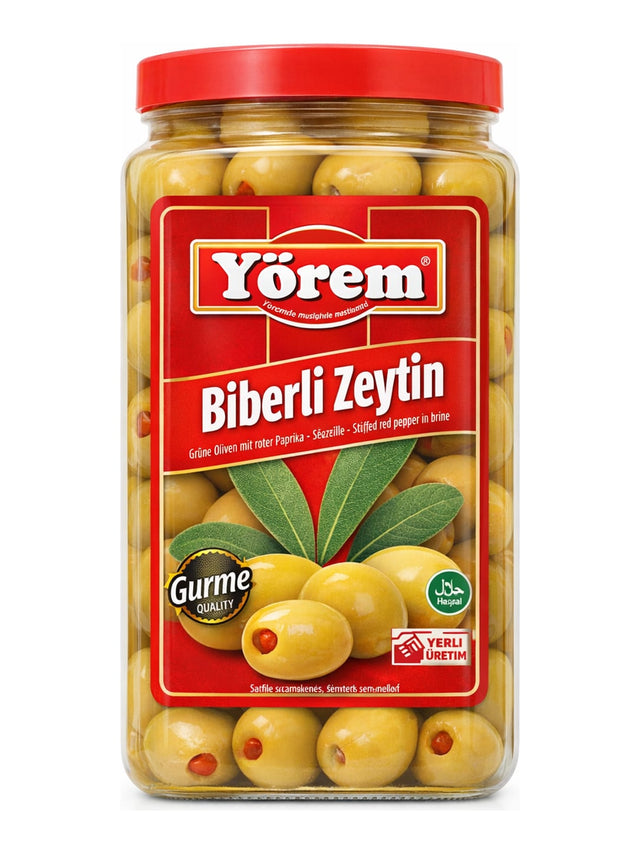 Yörem Biberli Zeytin 1600g – Grüne Oliven gefüllt mit roter Paprika, eingelegte Oliven türkisch