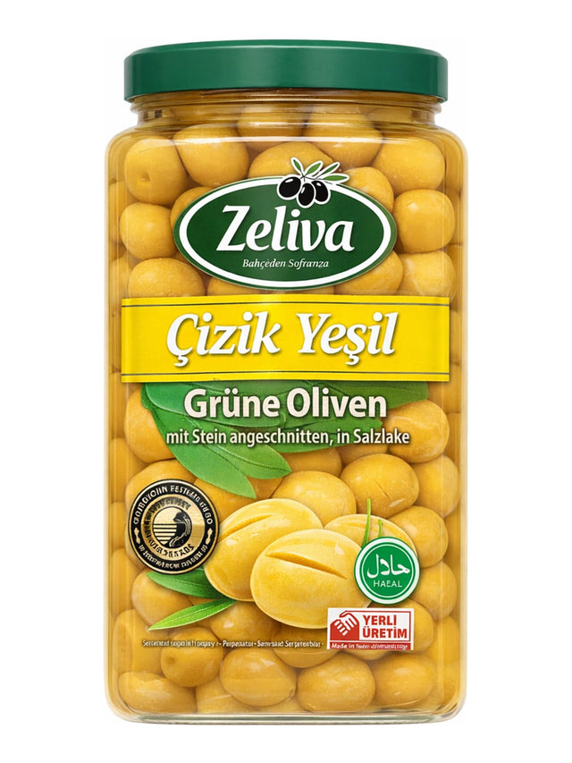 Zeliva Çizik Yeşil Zeytin 1600g – Geritzte Grüne Oliven mit Stein in Zitronenlake