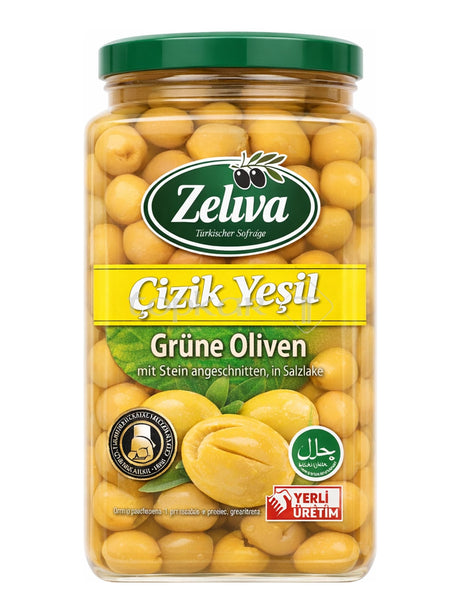 Zeliva Grüne Oliven mit Stein angeschnitten 1600g – Çizik Yeşil Zeytin in Salzlake