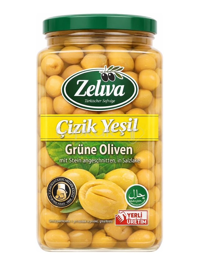 Zeliva Grüne Oliven mit Stein angeschnitten 1600g – Çizik Yeşil Zeytin in Salzlake