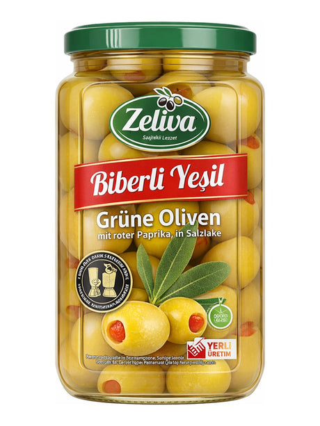 Zeliva Grüne Oliven mit roter Paprika 680g – Biberli Yeşil Zeytin in Salzlake
