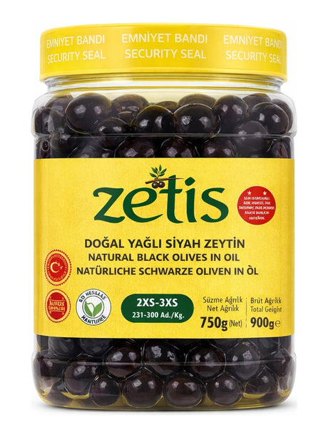 Zetis Doğal Yağlı Siyah Zeytin 900g – Schwarze Oliven in Maisöl Klasse 1